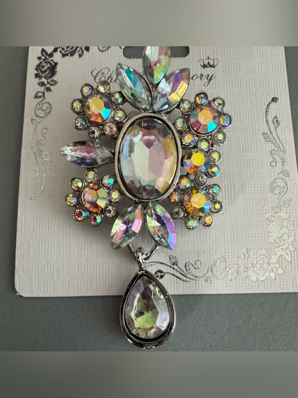 Crystal Aurora Teardrop Statement Brooch - Women Jewelry iridescent statement